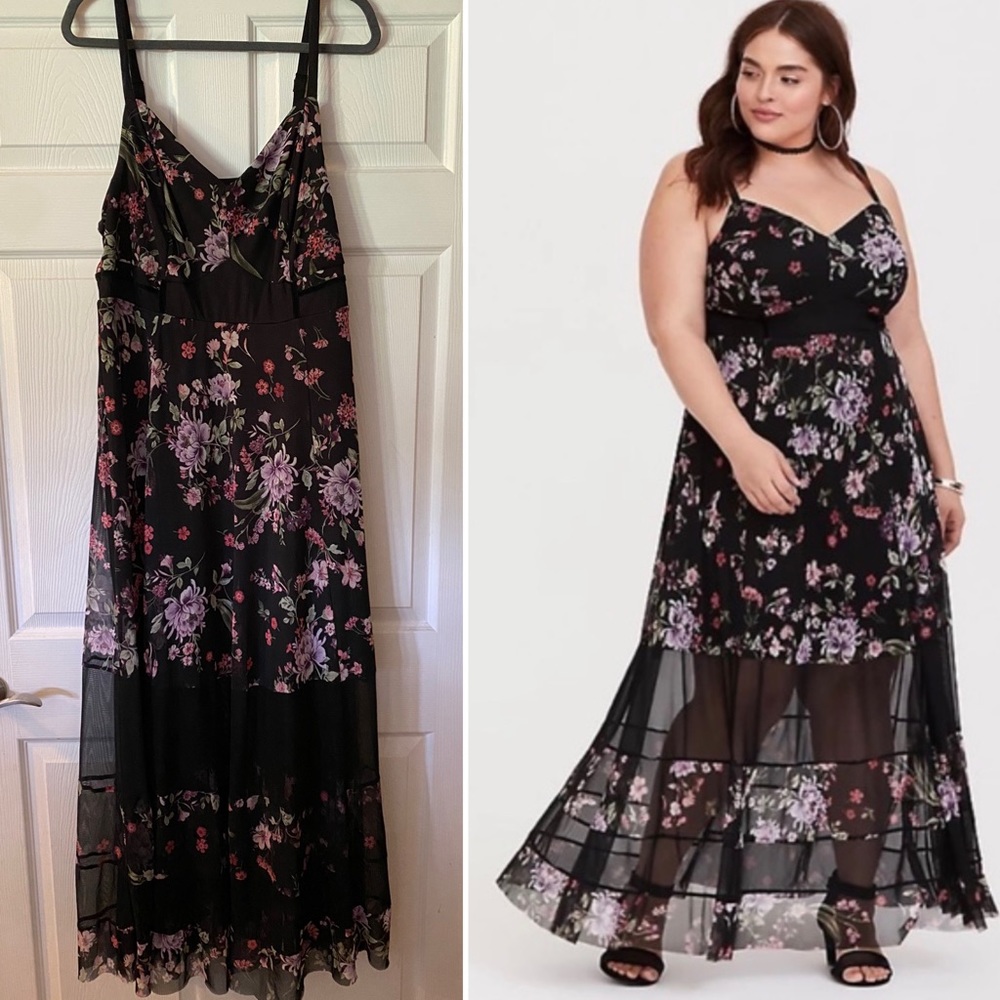 Torrid 2x, NWOT, BLACK FLORAL MESH MAXI DRESS